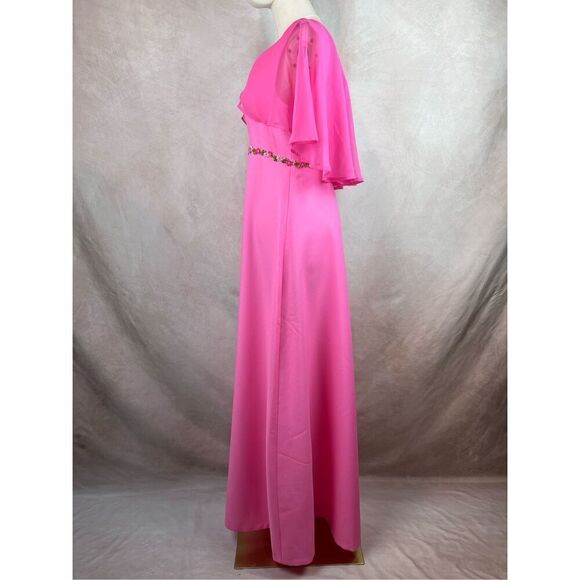 Vintage 1970s Hot Pink Evening Gown Dress Mod MCM Disco Floral Medium Sheer - Picture 4 of 8